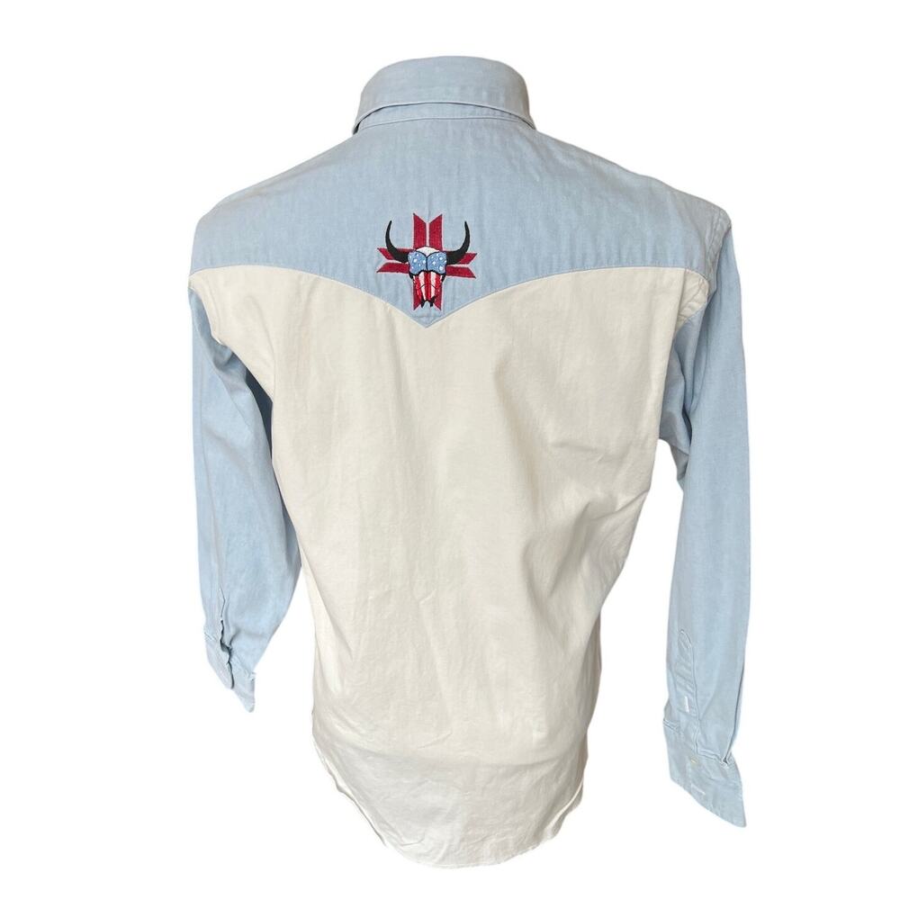Vintage Wrangler Cowboy Cut Western Shirt Men Size 15.5-33 Long Tails Blue White